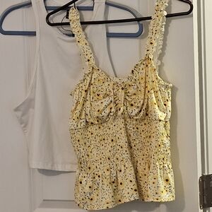 Derek Heart Yellow Floral Smocked Blouse Size L and White Crop Tank